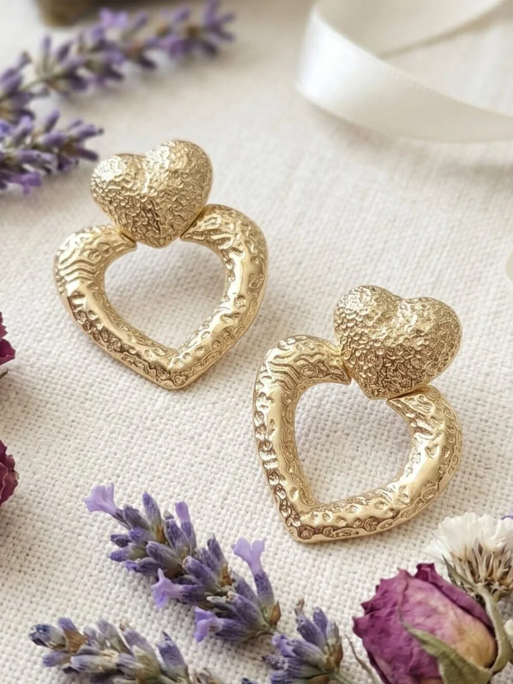 18K Gold Plated SS Coquette Mob Wife Double Heart Hammered Statement Studs 1.9in
